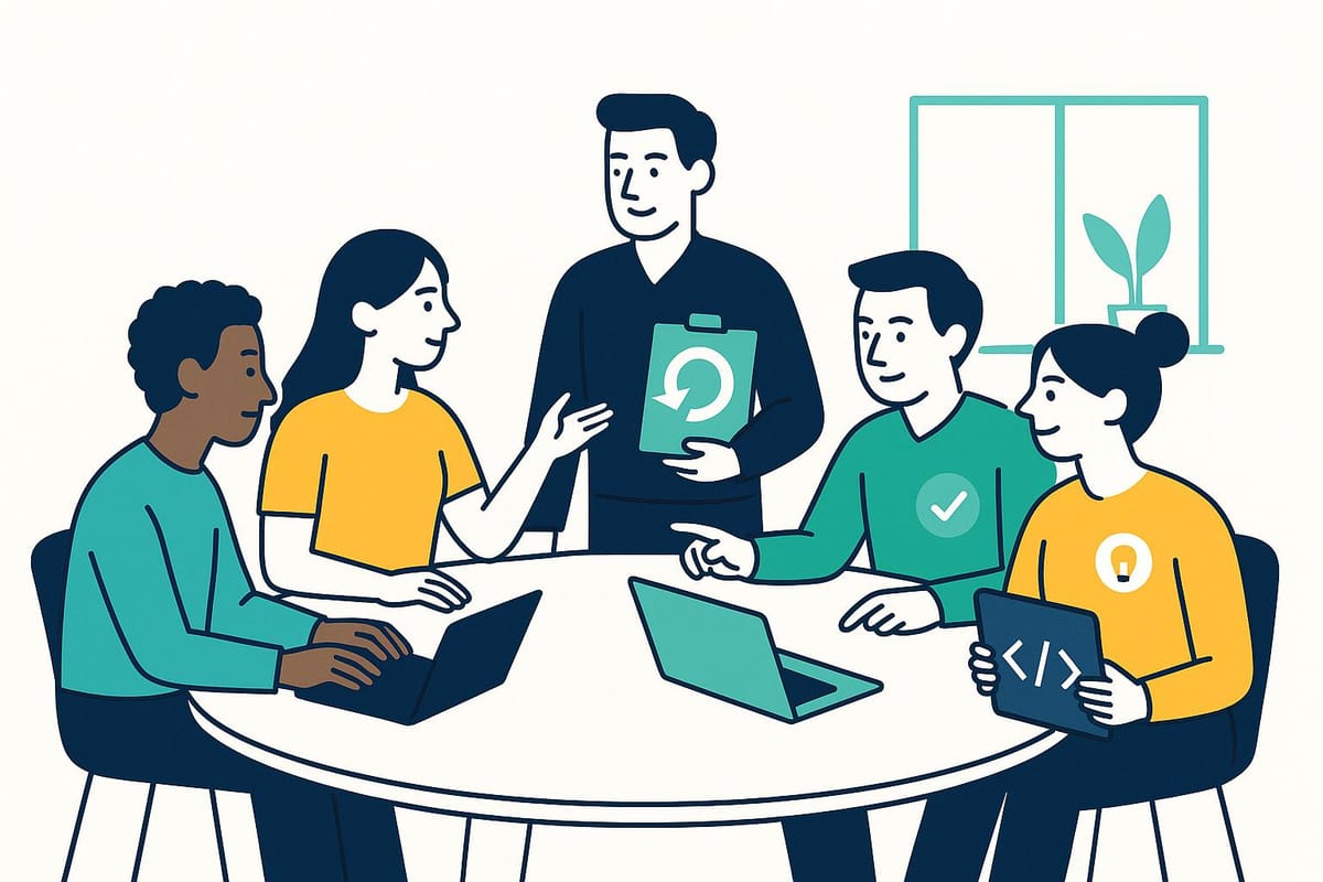 Diverse team of five individuals collaborating around a round table in an office setting - one person standing presenting while four seated team members work with laptops and tablets, showing good Agile implementation through collaboration, continuous improvement, and problem-solving